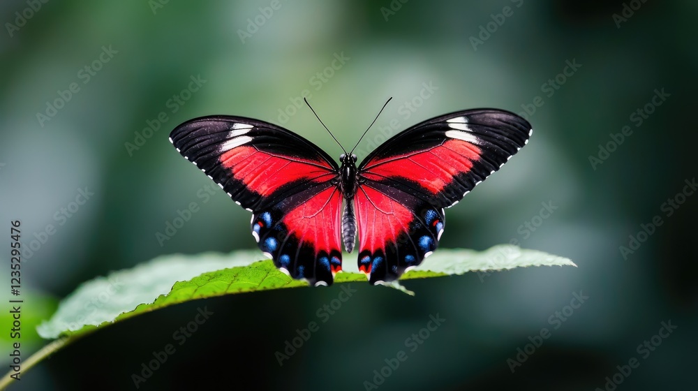 Obraz premium Red butterfly on leaf, green background, nature
