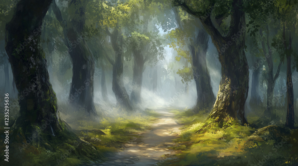 Winding Pathway Through a Misty Forest With Towering Trees During the Early Morning Light. Generative AI Winding Pathway Through a Misty Forest With Towering Trees During the Early Morning Light. Generative AI