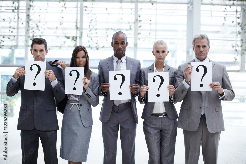 Portrait, business and people with question marks in office for confusion, management doubt and solution. Staff, unsure and diversity for problem solving ideas, proposal opinion and career challenges Portrait, business and people with question marks in office for confusion, management doubt and solution. Staff, unsure and diversity for problem solving ideas, proposal opinion and career challenges