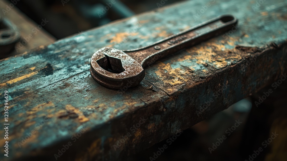 Rusty wrench rests on aged weathered wooden surface Rusty wrench rests on aged weathered wooden surface