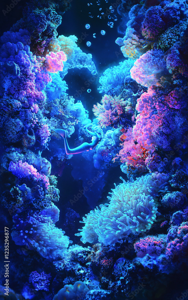 Obraz premium Romantic Underwater Fantasy Scene with Heart-Shaped Coral, Ethereal Oceanic Glow, and Dreamlike Atmosphere for Valentine's Day