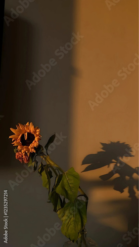 Sebuah bunga matahari yang mulai layu, tertunduk dalam pencahayaan keemasan senja. Bayangan bunga yang tajam terpampang di dinding, menciptakan suasana melankolis dan artistik.