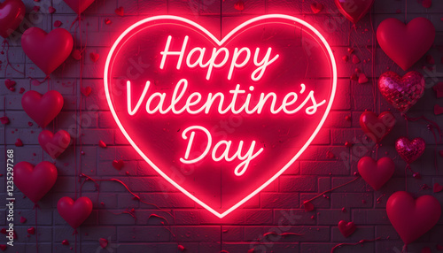 Happy Valentines Day Neon Sign Red Heart Balloons Romantic Love Festive February Celebration Romantic Decorations Greeting Card Design Valentines Day 