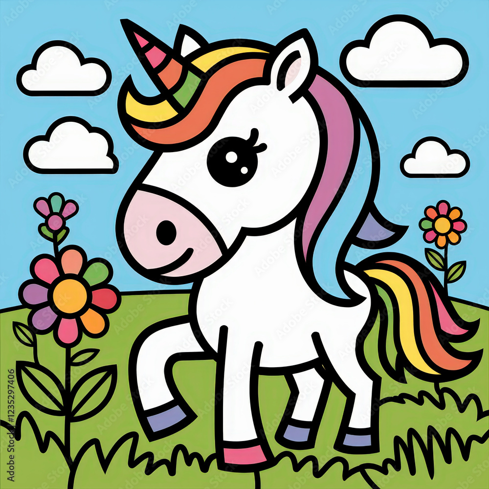 Cute cartoon unicorn on the meadow with flowers. Cute cartoon unicorn on the meadow with flowers.