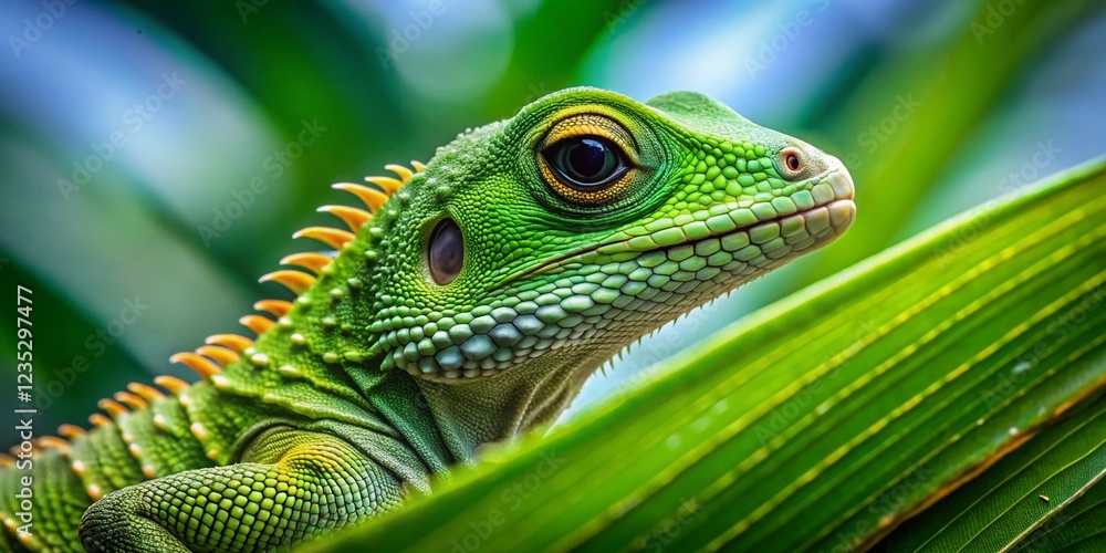 Obraz premium ** Green Lizard Basking on Lush Tropical Leaf**..**