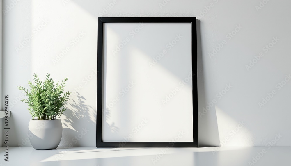 Minimalist Mockup: White Wall, Plant, Black Frame on White Surface Minimalist Mockup: White Wall, Plant, Black Frame on White Surface