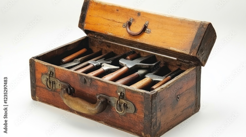 Antique Wooden Toolbox Containing Various Hand Tools Antique Wooden Toolbox Containing Various Hand Tools