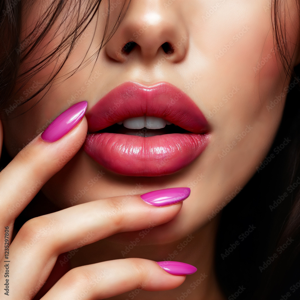 Fototapeta premium Illustration, art of a beautiful fashion face of a young woman, plump lips, permanent makeup