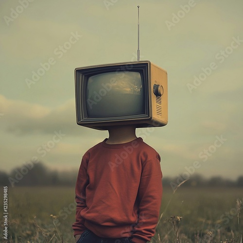 a man with a television head on the street, in a field in summer, instead of a TV head. illustration