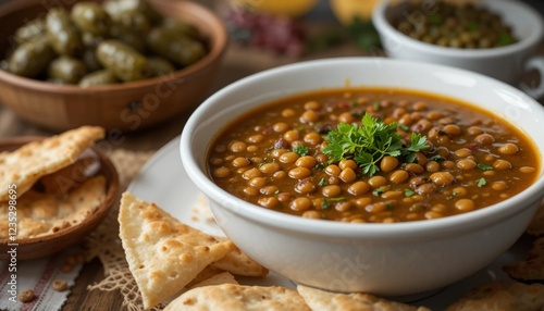 Traditional Saudi Iftar. Shorbat Adas (Lentil Soup) with Crispy Pita Chips & Stuffed Grape Leaves
