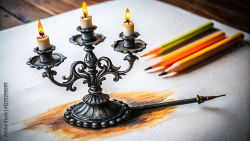 Hand-Drawn Black Candlestick Sketch -  High-Resolution Stock Photo,  Perfect for Vintage, Gothic, or Halloween Designs.