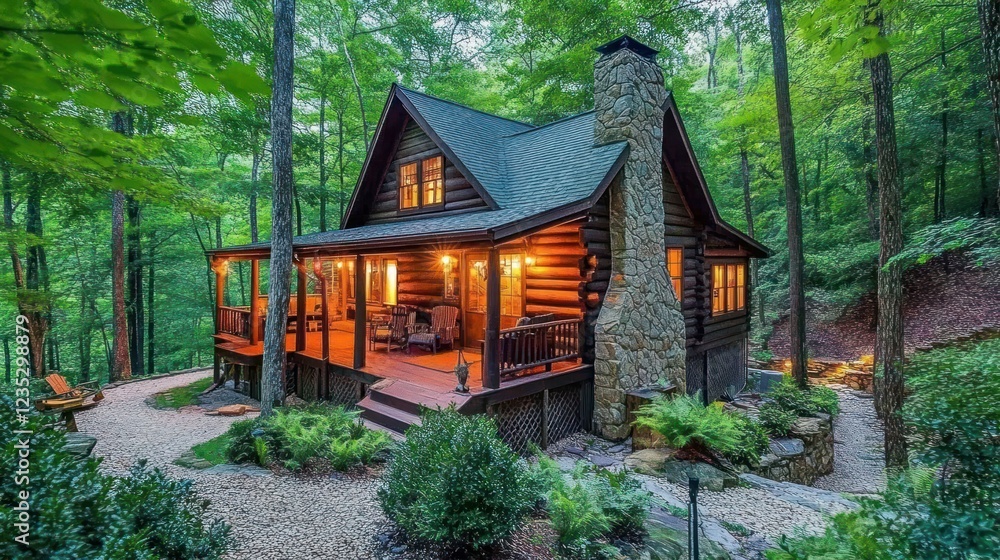 Secluded Log Cabin nestled in a verdant forest setting Secluded Log Cabin nestled in a verdant forest setting