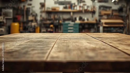 Beautiful empty wooden table top with a blurred, old vintage workshop in the background