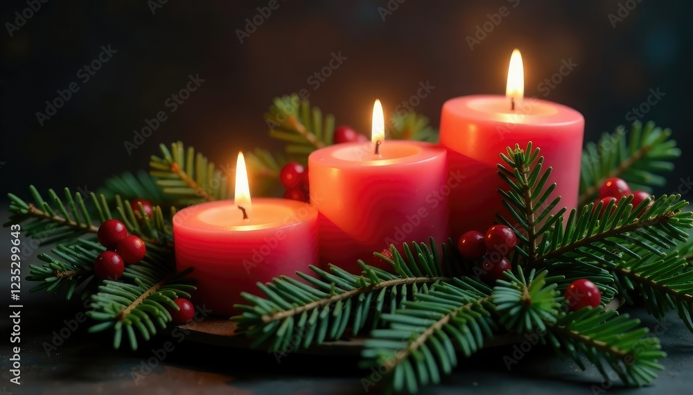 Flickering candles placed among a garland of fragrant fir branches, holiday, candlelight Flickering candles placed among a garland of fragrant fir branches, holiday, candlelight