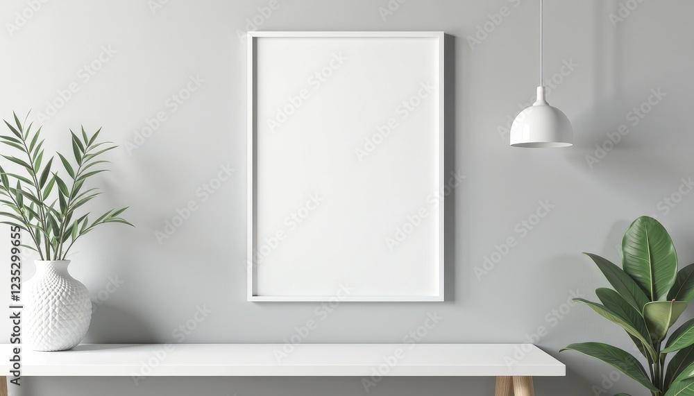 Modern Interior Mockup: White Table, Vase, Frame, and Potted Plant Modern Interior Mockup: White Table, Vase, Frame, and Potted Plant