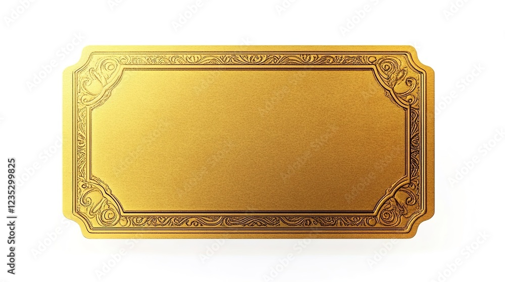 Fototapeta premium Golden ticket, a rectangular blank golden ticket with an intricate border on a white background