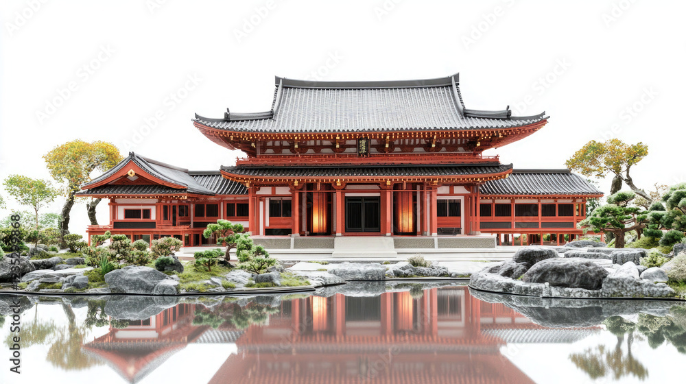 Naklejka premium Traditional Japanese Pagoda on a Misty Lake