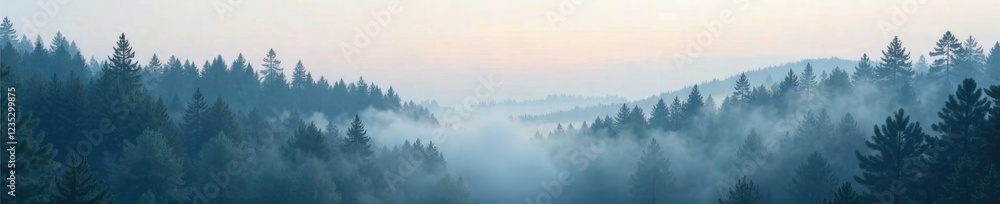 Fototapeta premium Foggy forest of northern spruce trees in misty atmosphere, natural haze, wild