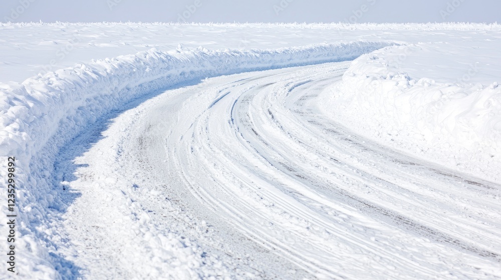 Winding snow-covered road, arctic landscape, winter travel Winding snow-covered road, arctic landscape, winter travel