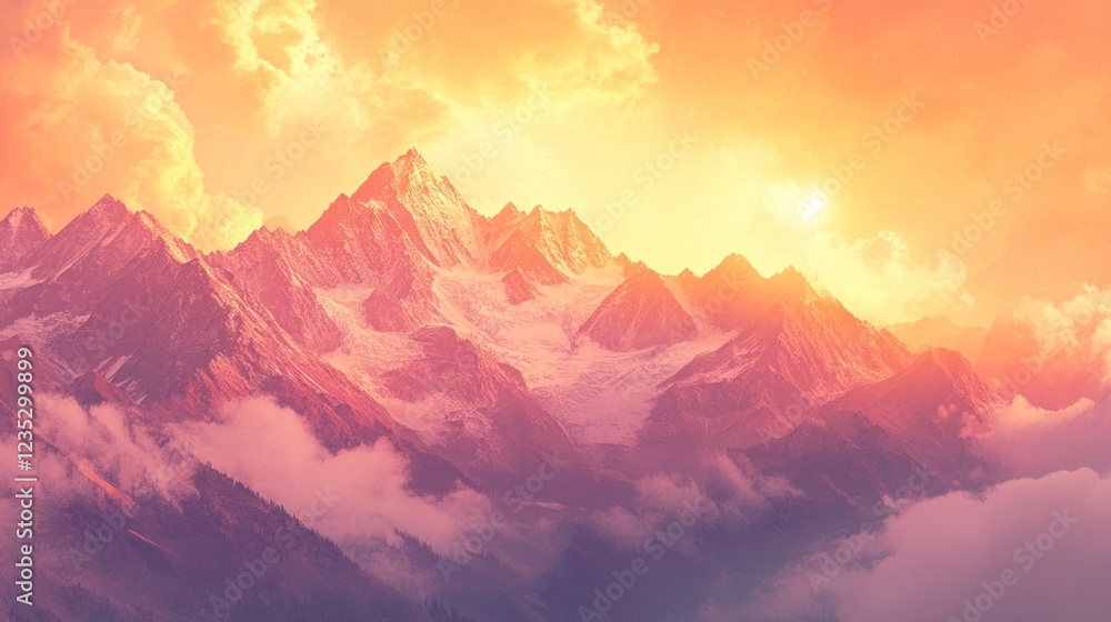 Majestic Mountains Sunset Golden Hues Scenic View