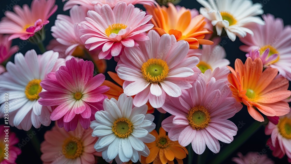 Fototapeta premium close-up of a group of flowers. The flowers are in various shades of pink, white, and orange. The petals of the flowers are arranged in a scattered manner, with some overlapping each other.