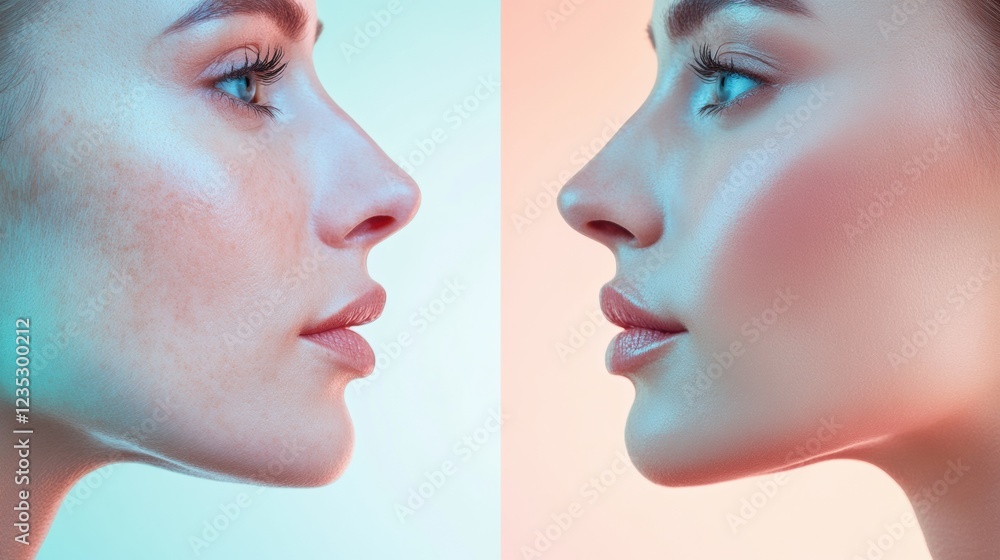 Obraz premium Contrast of youth and aging displayed through two side by side profiles in a vibrant artistic setting. Generative AI