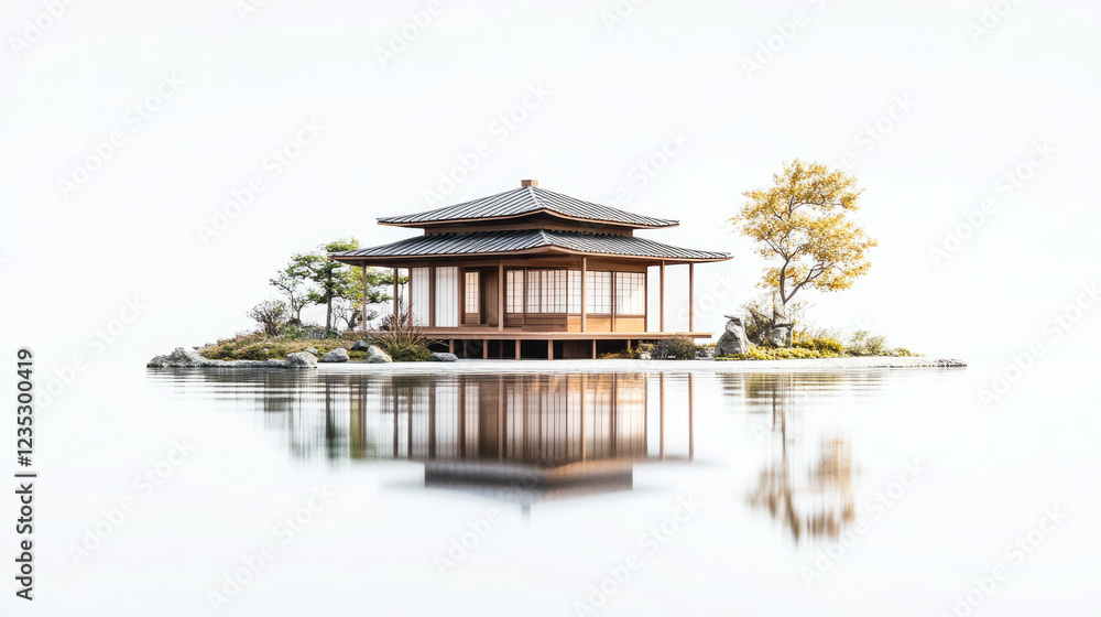 Traditional Japanese Pagoda on a Misty Lake Traditional Japanese Pagoda on a Misty Lake