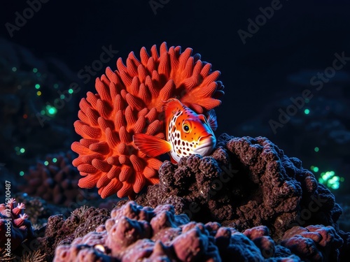 Foxface rabbitfish hiding behind a coral formation at night with bioluminescent organisms nearby, underwater scene, foxface rabbitfish, ocean environment photo