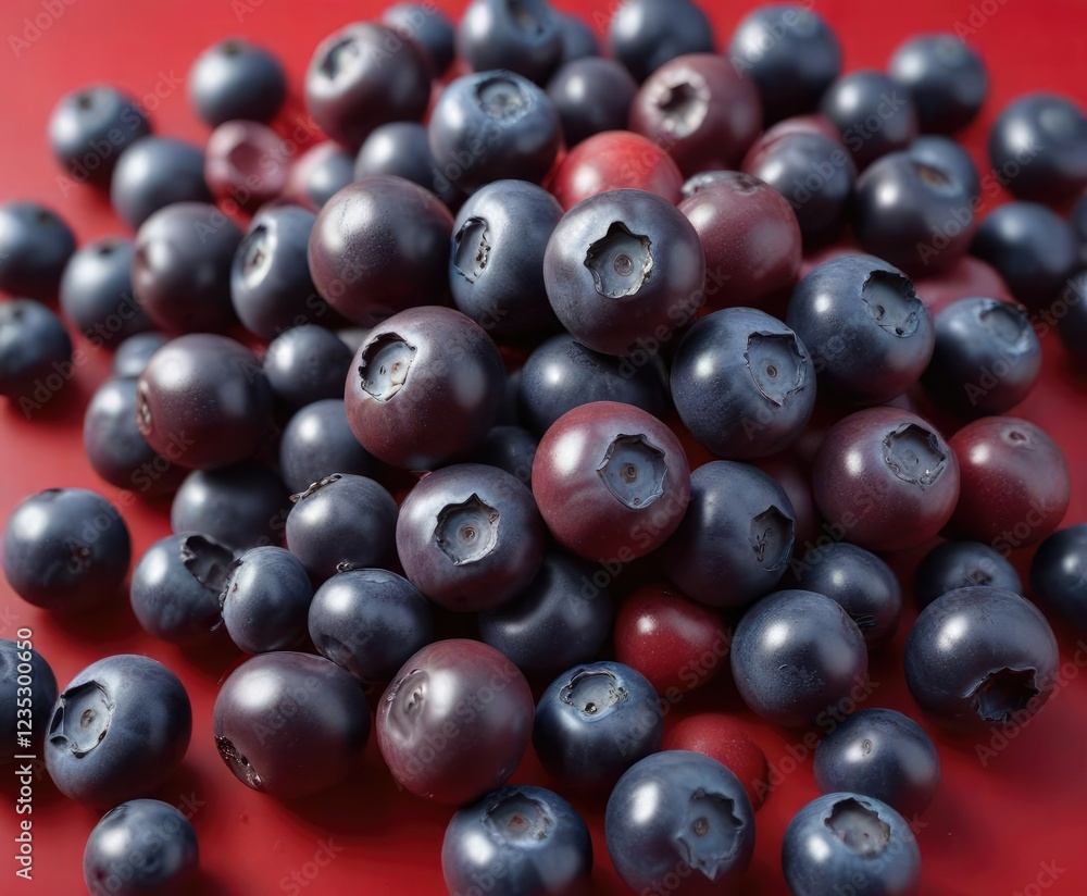 Fresh blueberries piled high on a crimson red background, purple, color palette, fruit Fresh blueberries piled high on a crimson red background, purple, color palette, fruit
