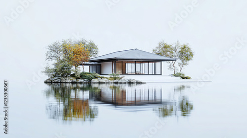 Traditional Japanese Pagoda on a Misty Lake