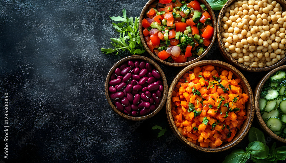 Photo Diverse Vegetable Salad, Chickpeas, Beans, and Herbs in Wooden Bowls Photo Diverse Vegetable Salad, Chickpeas, Beans, and Herbs in Wooden Bowls