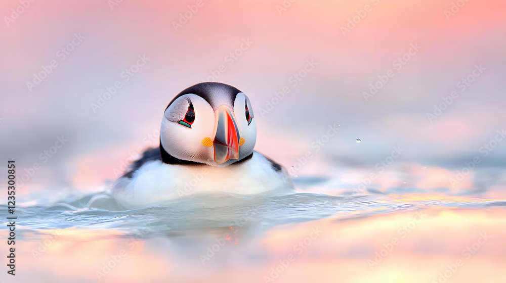 Obraz premium Puffin swimming at sunset, ocean background, nature wildlife