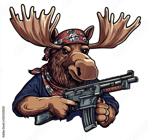 Angry moose knuckles animal clipart of an armed soldier, suitable as modern, editable logo for wall stickers, t-shirt designs, and other purposes in high definition. photo