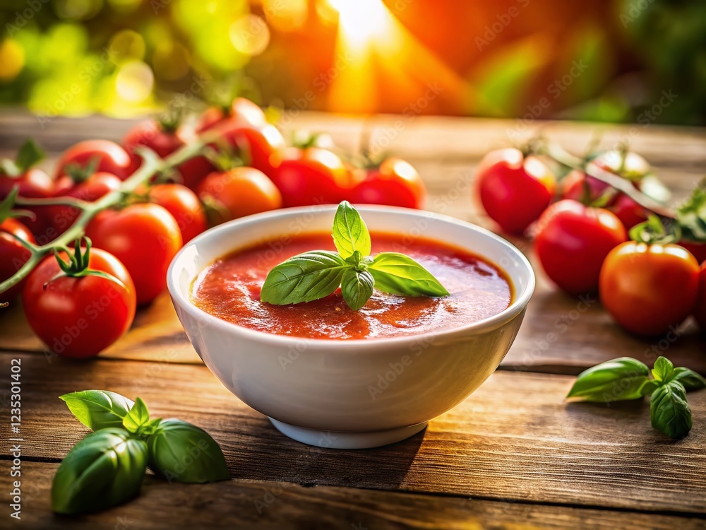 Homemade Tomato Passata with Fresh Basil in White Bowl - Rustic Italian Food Photography Homemade Tomato Passata with Fresh Basil in White Bowl - Rustic Italian Food Photography