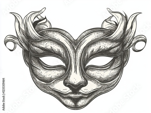 A black and white hand-drawn image of a masquerade carnival mask, based on an engraving sketch, intended for T-shirt apparel print design, with a scratch board imitation photo