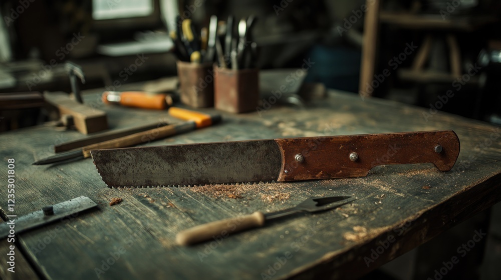 Old Hand Saw Rests On A Dusty Workbench Old Hand Saw Rests On A Dusty Workbench