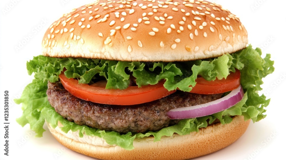 Delicious Sesame Seed Burger With Lettuce Tomato and Onion Delicious Sesame Seed Burger With Lettuce Tomato and Onion