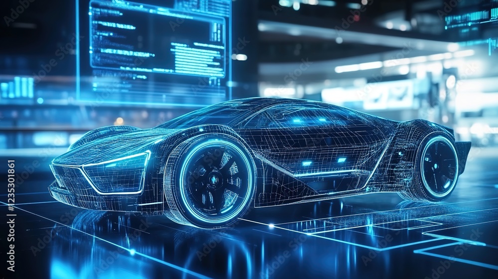 Fototapeta premium A futuristic car with holographic blue wireframe graphics glows in the background of an advanced technology research facility.
