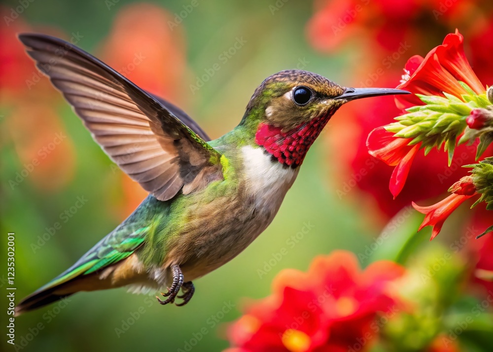 Fototapeta premium Hummingbird Feeding on Red Flower - Close-up Documentary Photography