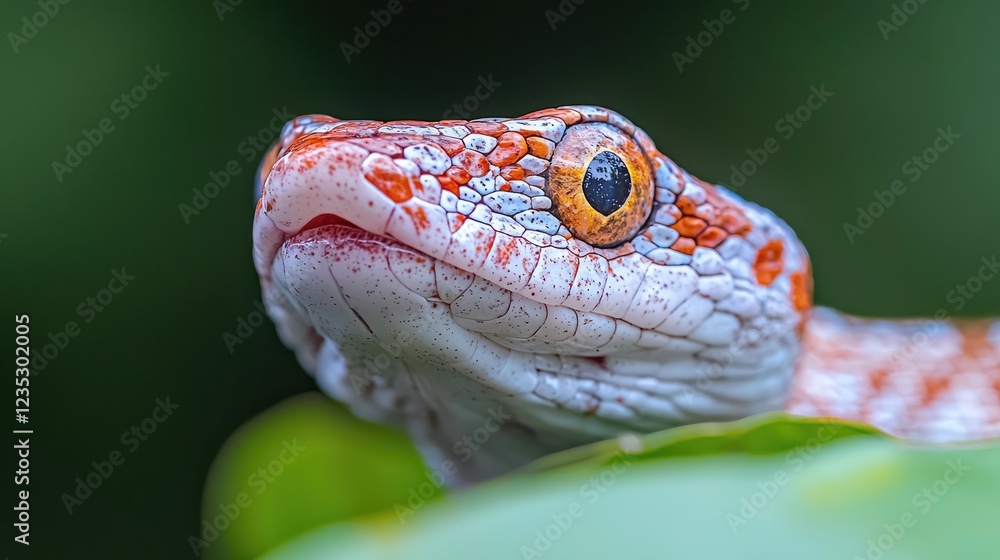 Fototapeta premium Close-up of a red and white snake's head in a jungle
