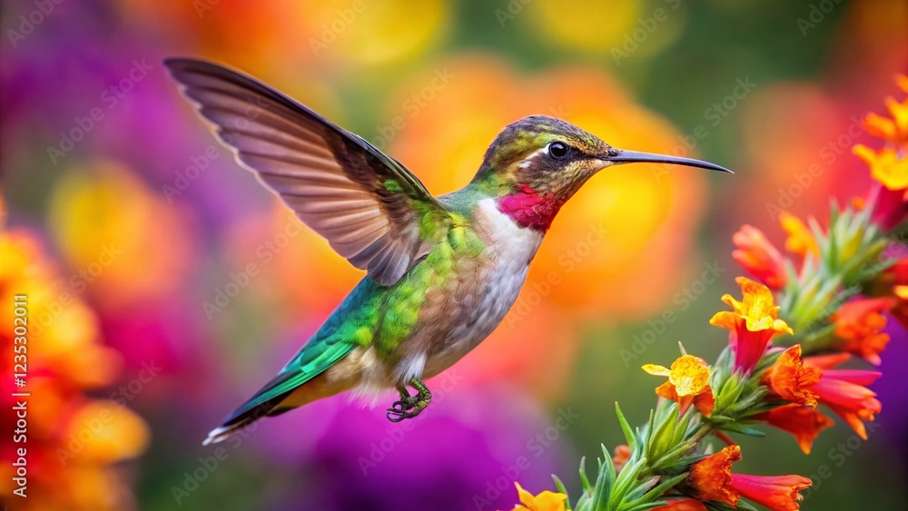 Naklejka premium Hummingbird in Flight: Close-up of a Tiny Bird Hovering Near Vibrant Flower
