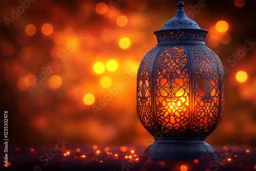 Beautiful Arabic lantern with intricate patterns glowing in warm golden light, creating a spiritual ambiance, symbolizing Ramadan traditions, peace, and faith. photo