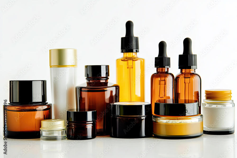 Minimalistic Cosmetic Packaging Display with Amber and White Jars Minimalistic Cosmetic Packaging Display with Amber and White Jars