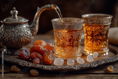 Traditional ornate tea set with golden engraved glasses and dried fruits, symbolizing Ramadan hospitality, warmth, and Middle Eastern cultural traditions during the holy month. photo