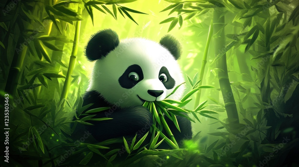 Adorable Panda Cub Enjoying Bamboo In Lush Forest Adorable Panda Cub Enjoying Bamboo In Lush Forest