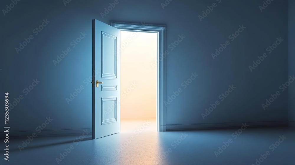 An open door leads to an empty room with walls, illuminated by neon lights. An open door leads to an empty room with walls, illuminated by neon lights.