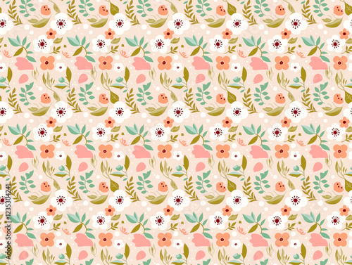 Pastel Floral Pattern: A delicate and charming seamless pattern featuring pastel pink, white, and green floral motifs.