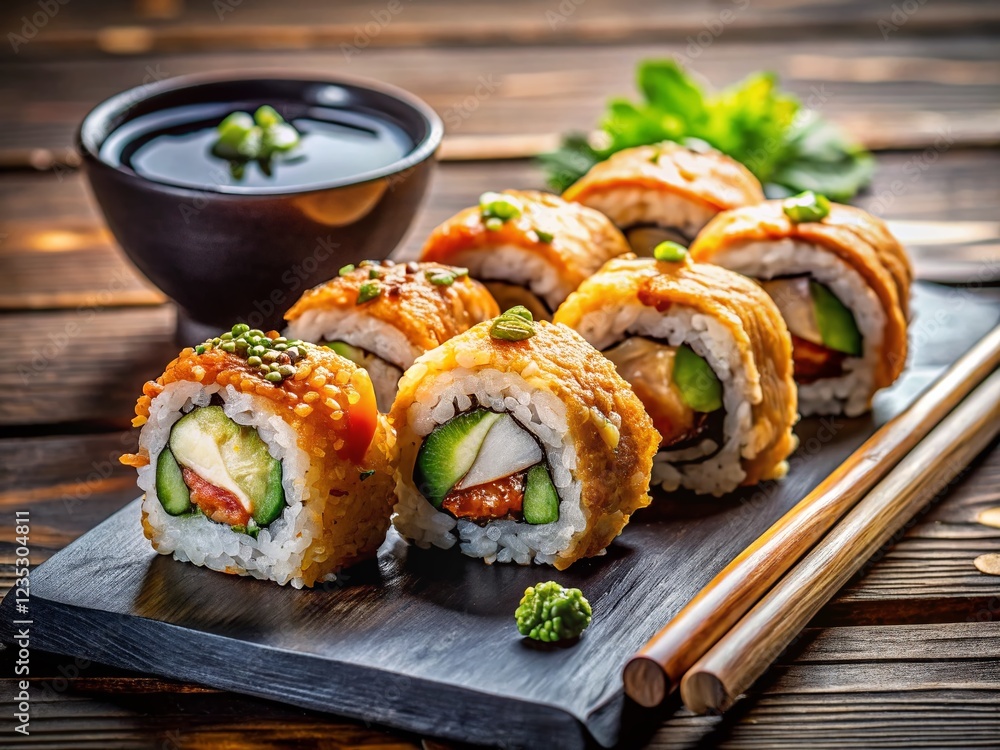 Japanese Sushi Tempura Roll with Teriyaki Sauce Japanese Sushi Tempura Roll with Teriyaki Sauce