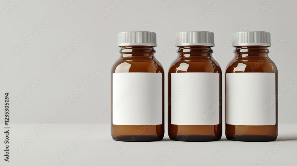 Photo of three brown glass bottles with white blank labels on the front, on a light gray background. Photo of three brown glass bottles with white blank labels on the front, on a light gray background.