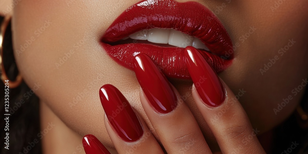Naklejka premium A close-up of luscious red lips and manicured nails, perfect for beauty, fashion, or cosmetic marketing imagery.